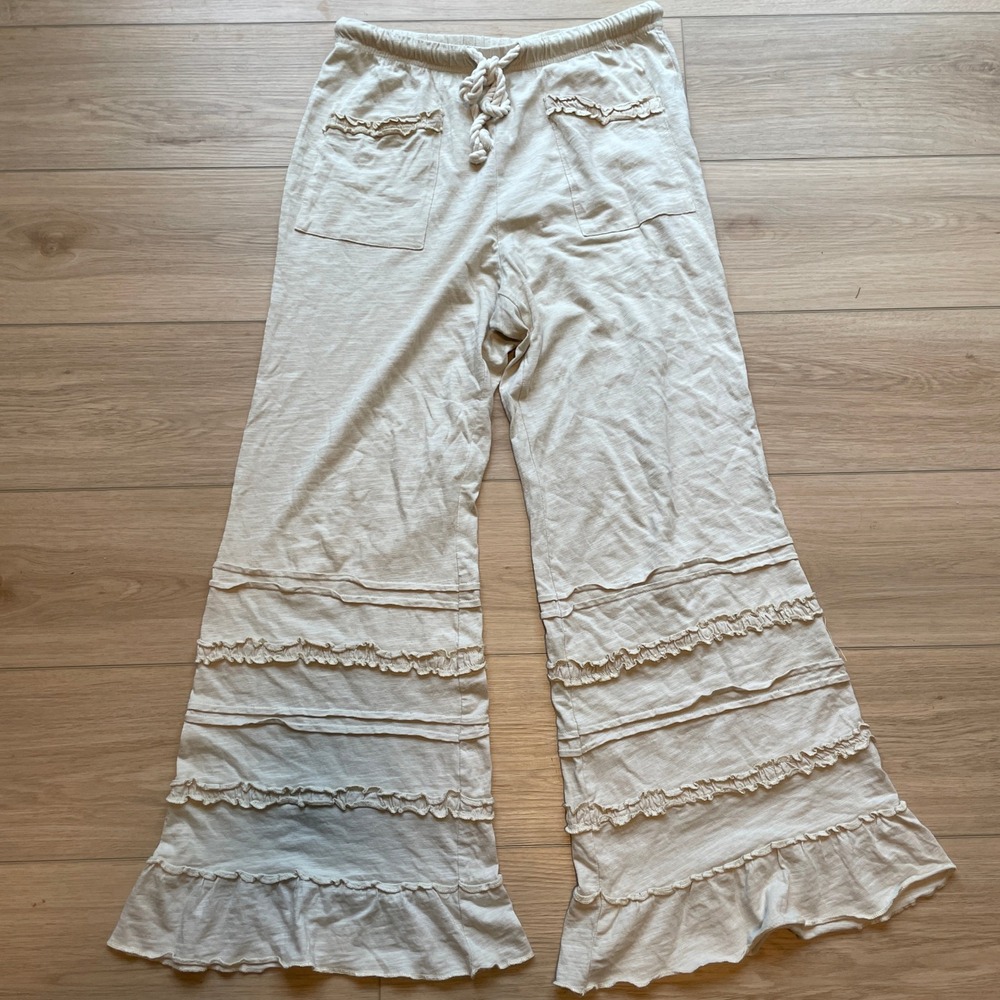 SHEIN Beige Ruffle Tiered Wide Leg Pants Slub Knit Boho Cottagecore Medium